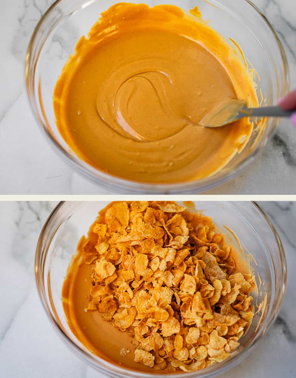 Two images: The top shows a glass bowl with a smooth, light brown mixture being stirred with a spoon. The bottom shows the same bowl with cornflakes added on top of the mixture, not yet mixed in.