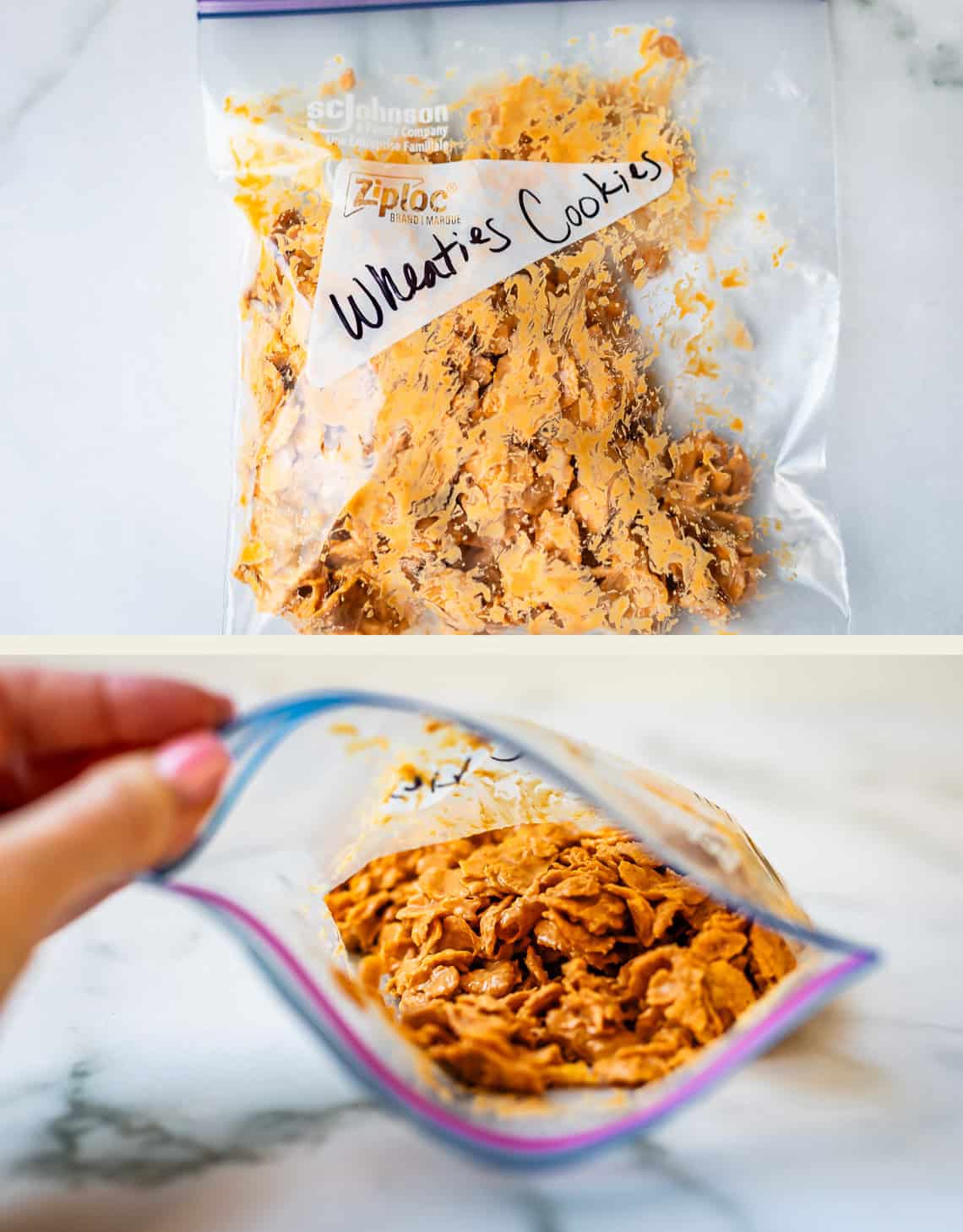 1. A clear Ziploc bag labeled &ldquo;Wheaties Cookies&rdquo; filled with a mixture of crumbled cookies. 2. A hand holds open a Ziploc bag containing Wheaties cookie clusters on a white surface.