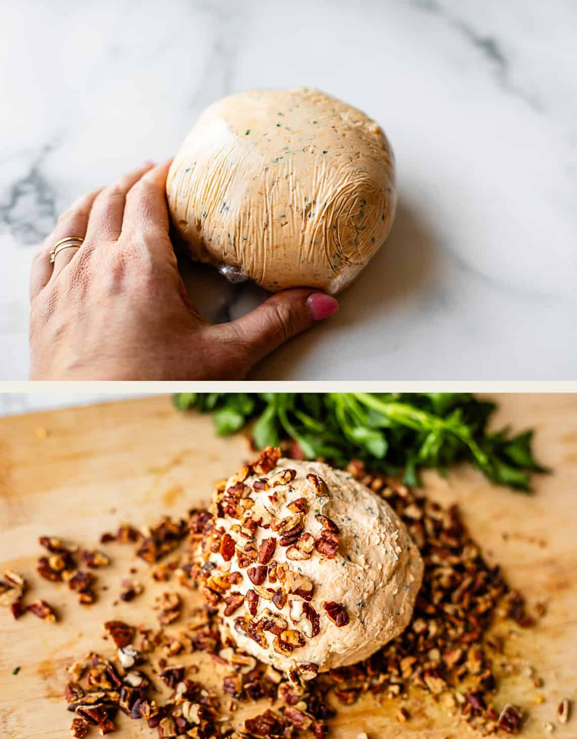 Top: A hand holds a cheese ball mixture wrapped in plastic wrap on a marble surface. Bottom: Unwrapped cheese ball coated with chopped pecans sits on a wooden board with fresh herbs in the background.