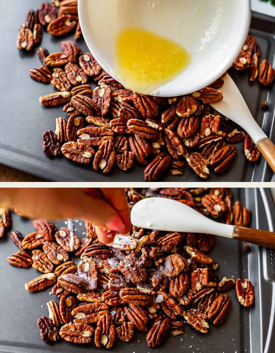 Top: Melted butter is being poured from a white bowl onto a pile of pecan halves on a baking sheet. Bottom: A hand sprinkles salt over the pecans, with a spatula nearby for mixing.