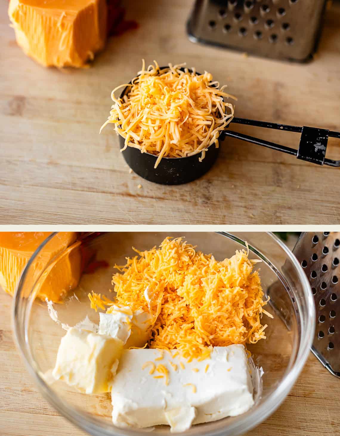 Top: A black measuring cup filled with shredded cheddar cheese sits on a wooden surface next to a cheese block and a grater. Bottom: A glass bowl holds shredded cheddar cheese, cream cheese, and butter.