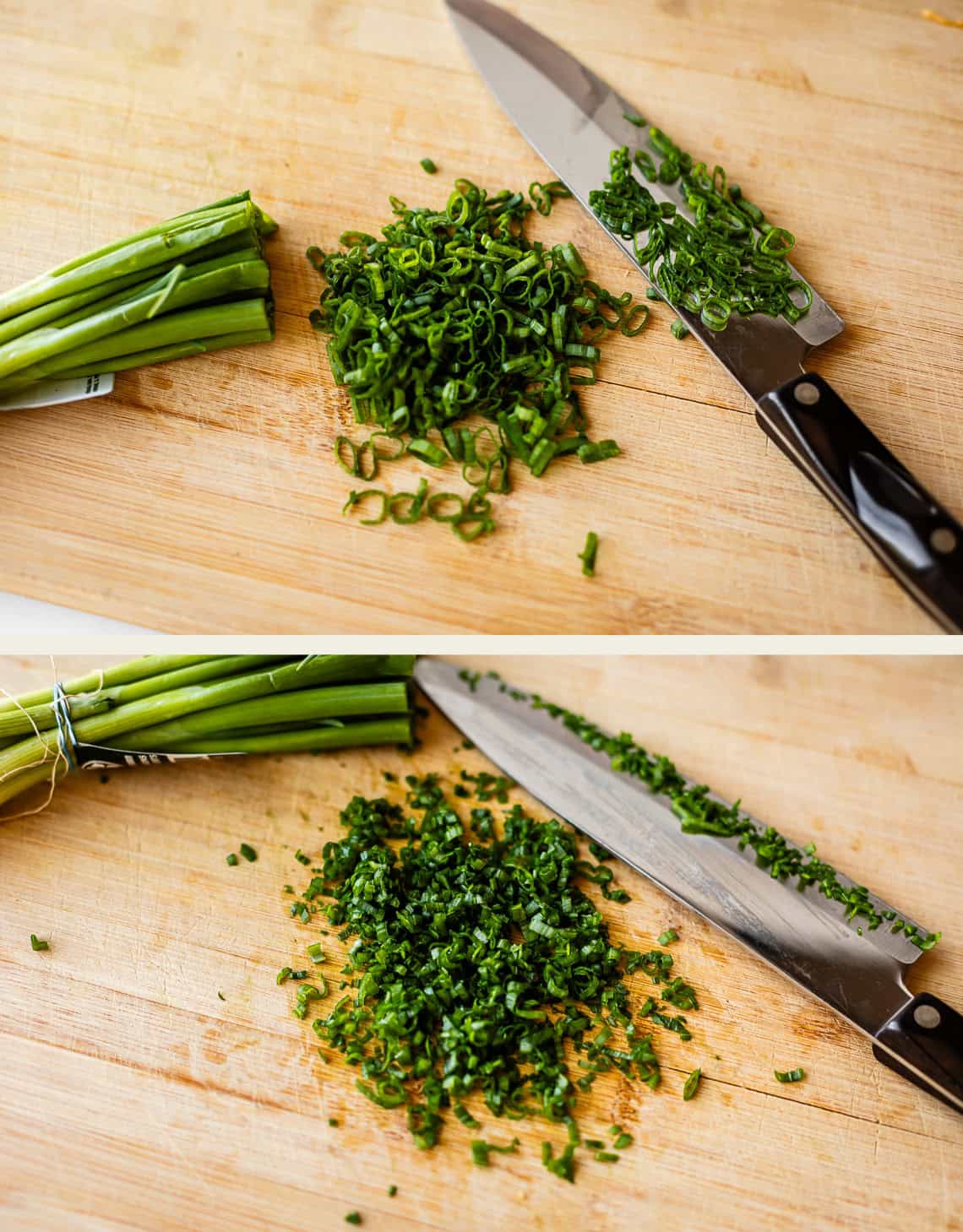 Two images show a bunch of green onions being sliced on a wooden cutting board with a kitchen knife; the top image shows the start, and the bottom image shows more finely chopped green onions.