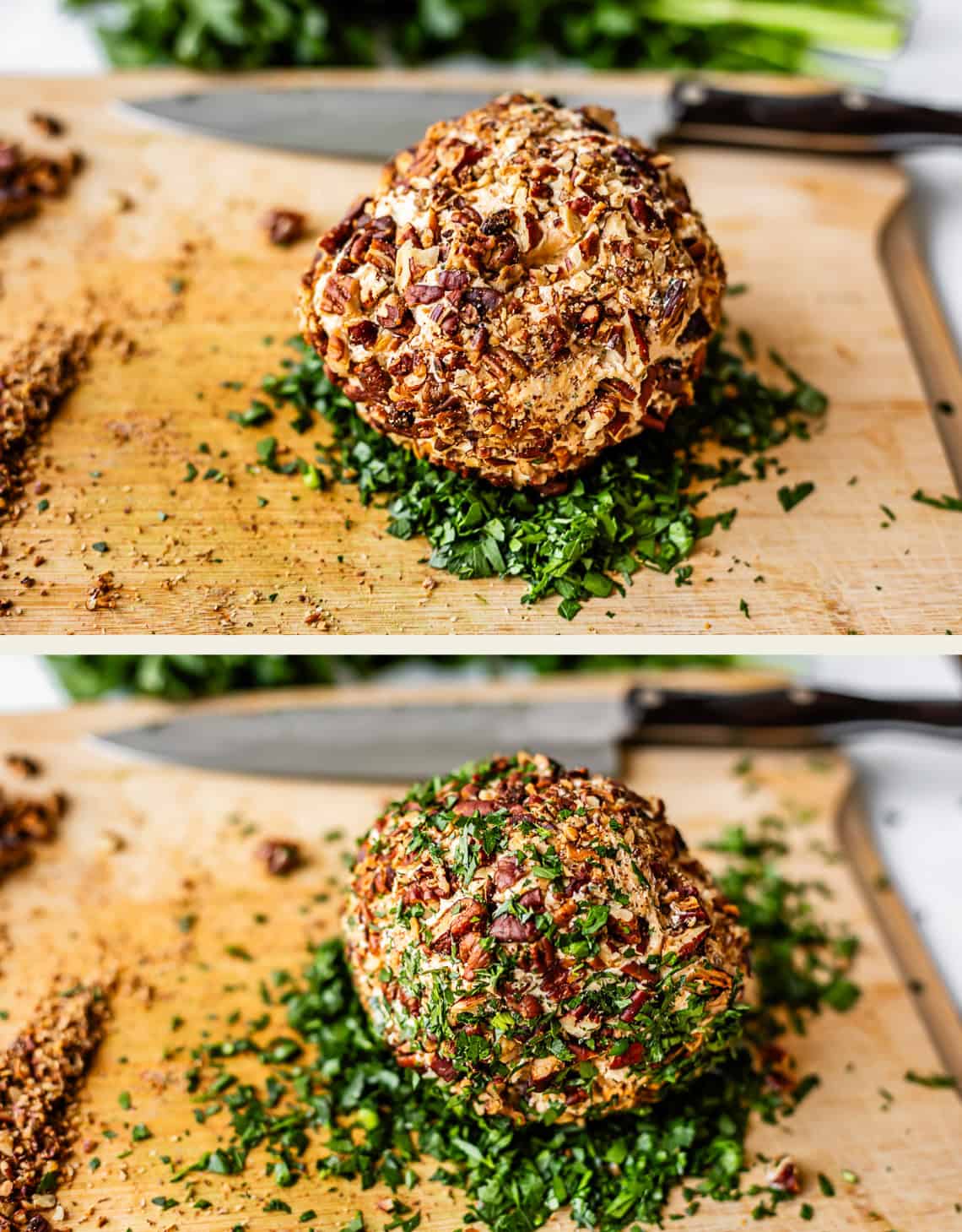 Two images of a cheese ball coated in chopped nuts and herbs, resting on a wooden cutting board sprinkled with more chopped parsley. A knife and fresh herbs are visible in the background.