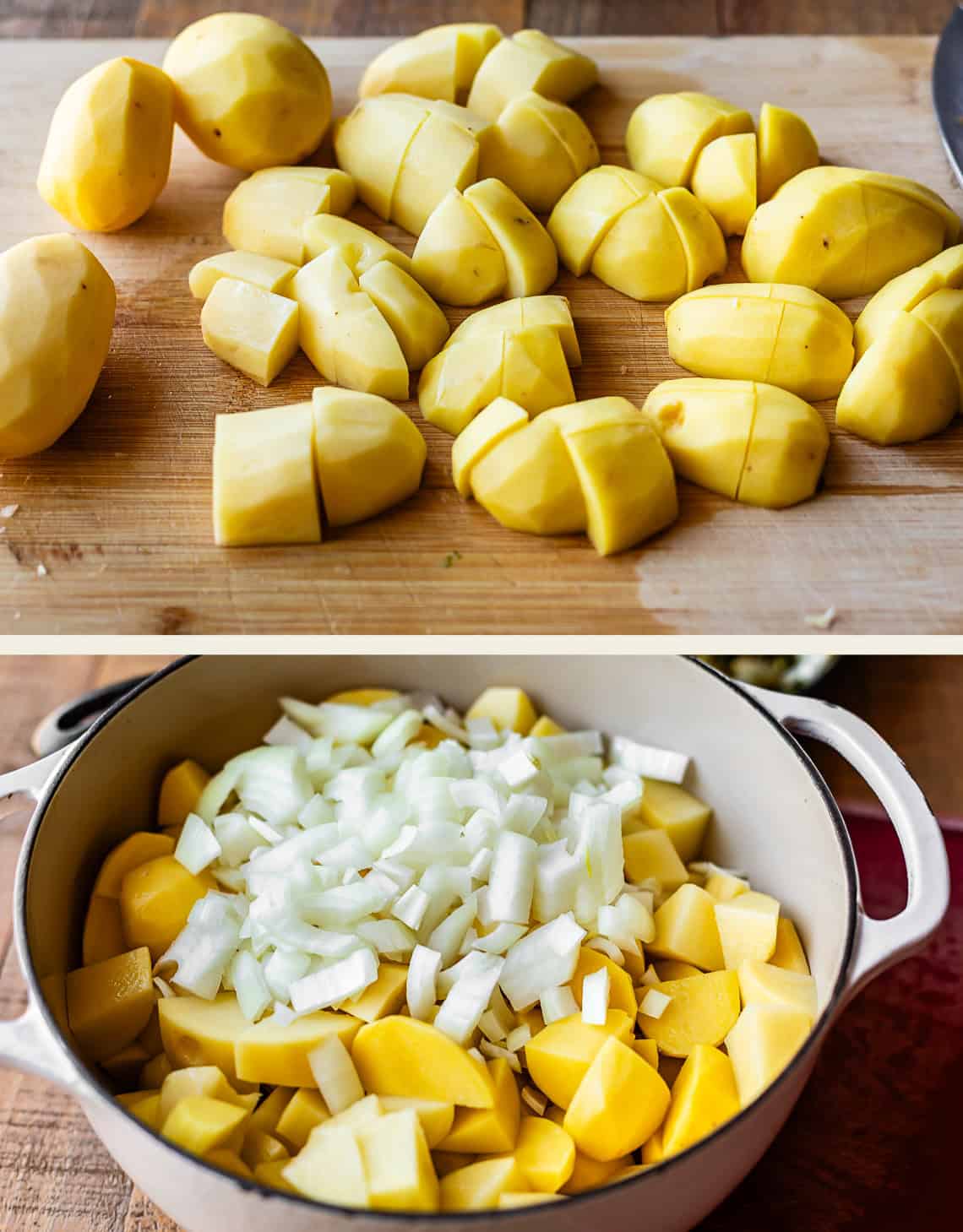 Top: peeled and chopped potatoes on a wooden cutting board. Bottom: a pot filled with chopped potatoes and diced onions, ready for cooking.
