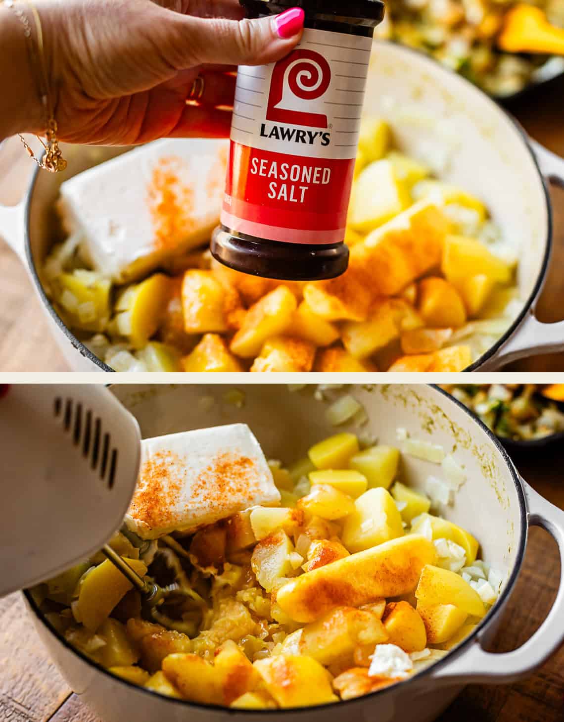 Top: A hand holds a bottle of Lawry&rsquo;s Seasoned Salt over a pot filled with chopped potatoes, cream cheese, and onions. Bottom: An electric mixer blends the ingredients in the same pot.