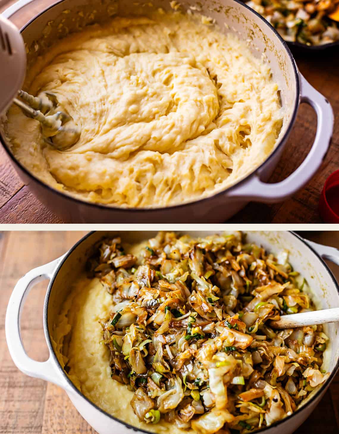 Top: Creamy mashed potatoes being mixed in a pot. Bottom: Saut&eacute;ed cabbage and onions spread over mashed potatoes in the same pot, ready to be mixed together. Both are on a wooden table.