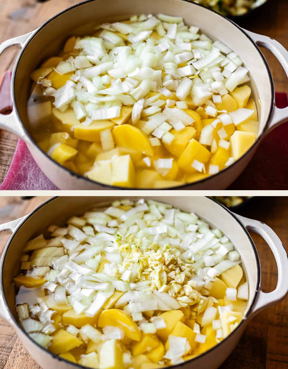 Two images show a pot filled with chopped yellow squash, potatoes, onions, and broth. In the second image, minced garlic is added on top of the mixture before cooking. The pot is placed on a wooden surface.