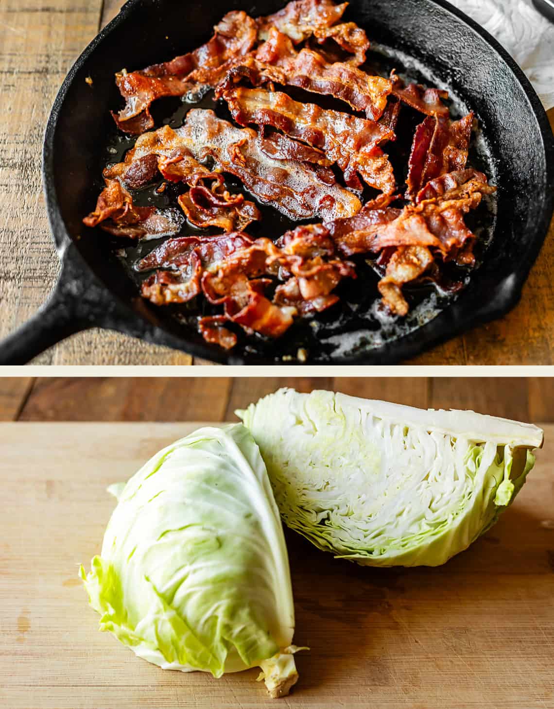 A cast iron skillet with crispy cooked bacon strips sits above a wooden cutting board holding a sliced head of fresh green cabbage.