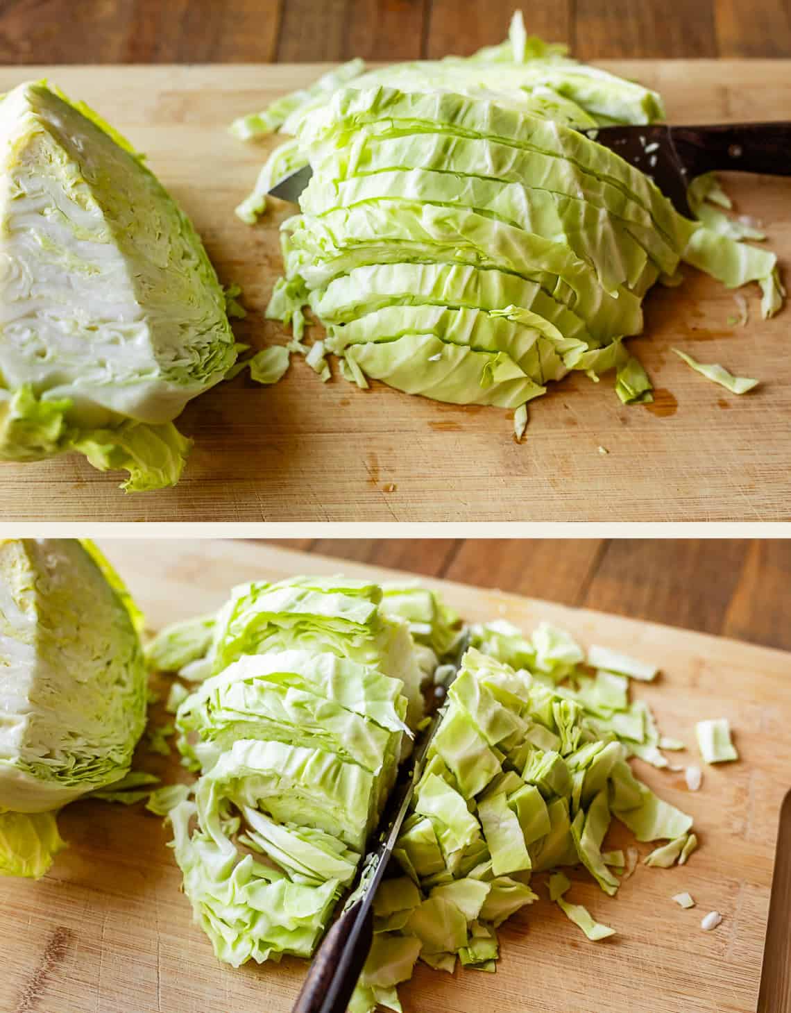 Two images show a green cabbage being sliced on a wooden cutting board with a knife. The top image displays cabbage cut into thin strips, while the bottom image shows continued slicing into smaller pieces.