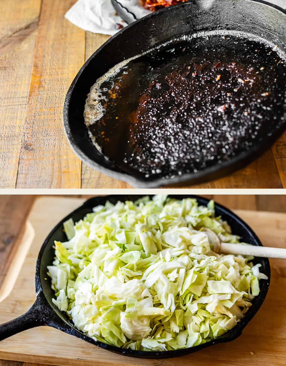 A split image shows a cast-iron skillet: the top half has bacon grease and bits, the bottom half is filled with raw chopped cabbage on a wooden surface.