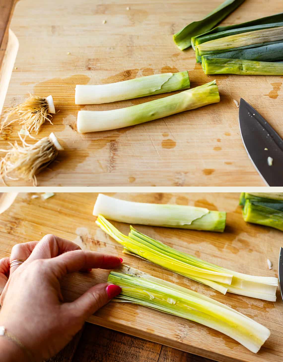 Two images show steps for preparing leeks: the top image displays trimmed leeks and roots on a cutting board with a knife; the bottom image shows a hand separating the layers of a leek lengthwise.