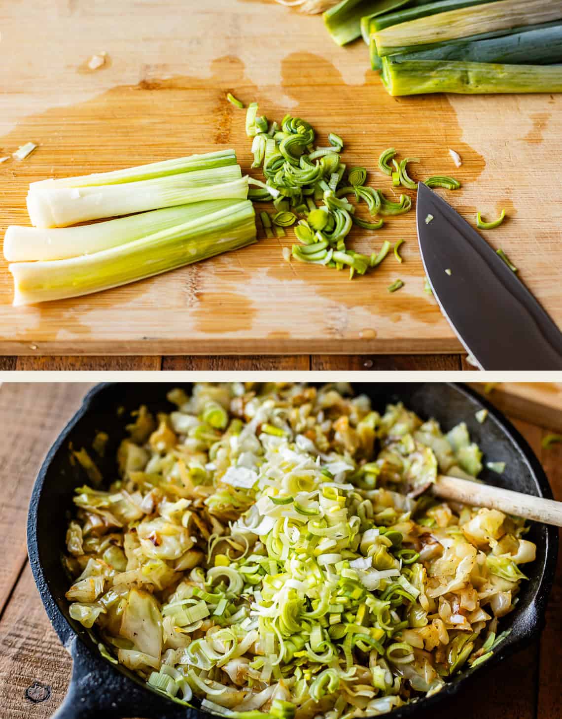 A cutting board with chopped leeks and a knife, and below, a skillet filled with saut&eacute;ed vegetables including sliced leeks and cabbage being stirred with a wooden spoon.