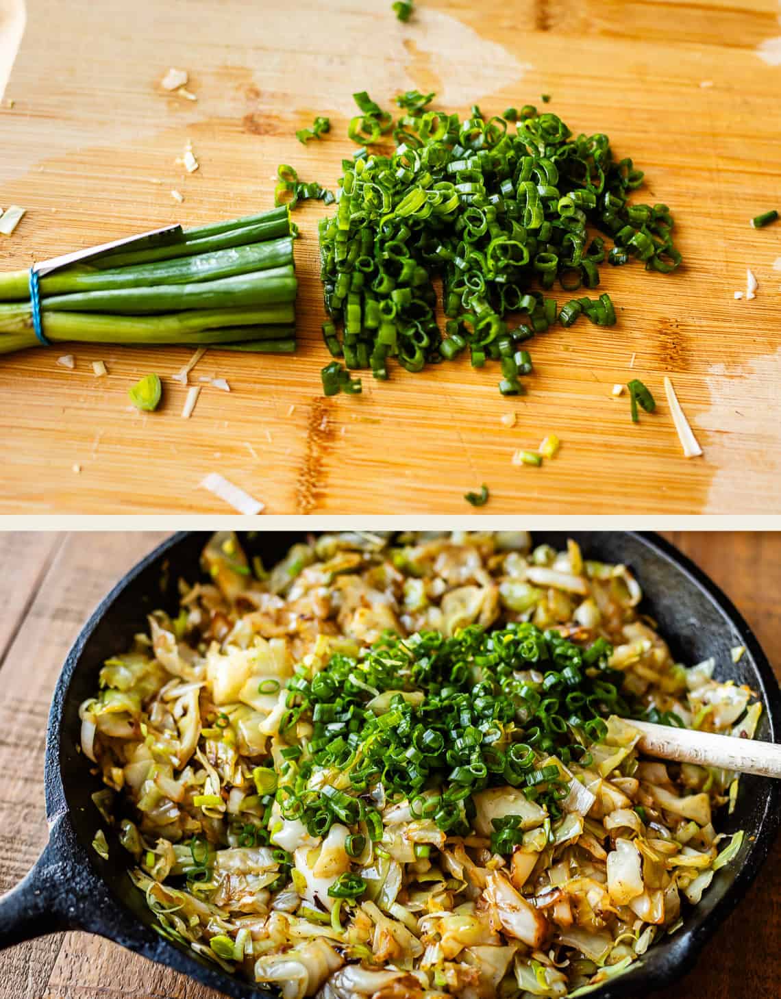 A bundle of fresh green onions is diced on a wooden cutting board. Below, chopped green onions are added to a skillet of saut&eacute;ed cabbage and vegetables.
