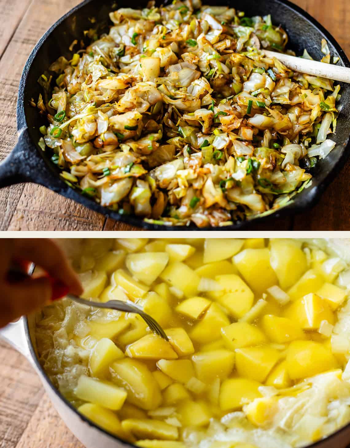 A skillet filled with saut&eacute;ed cabbage, onions, and potatoes is shown above a pot containing chopped potatoes and cabbage boiling in yellow broth. A hand tests a potato piece in the pot with a fork.
