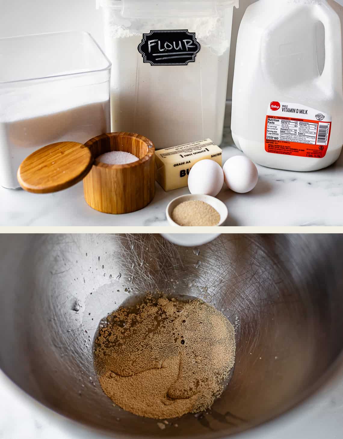Top: Ingredients including flour, sugar, salt, butter, eggs, yeast, and milk on a counter. Bottom: Yeast dissolving in liquid at the bottom of a metal mixing bowl.