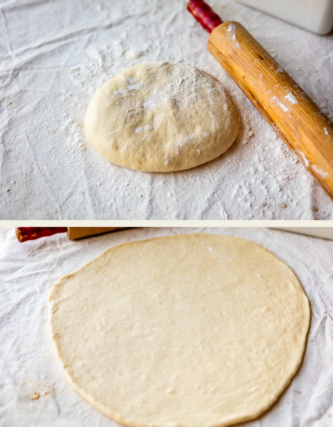Two images: the top shows a ball of floured dough next to a rolling pin on a floured surface; the bottom shows the dough rolled out flat, ready for use.