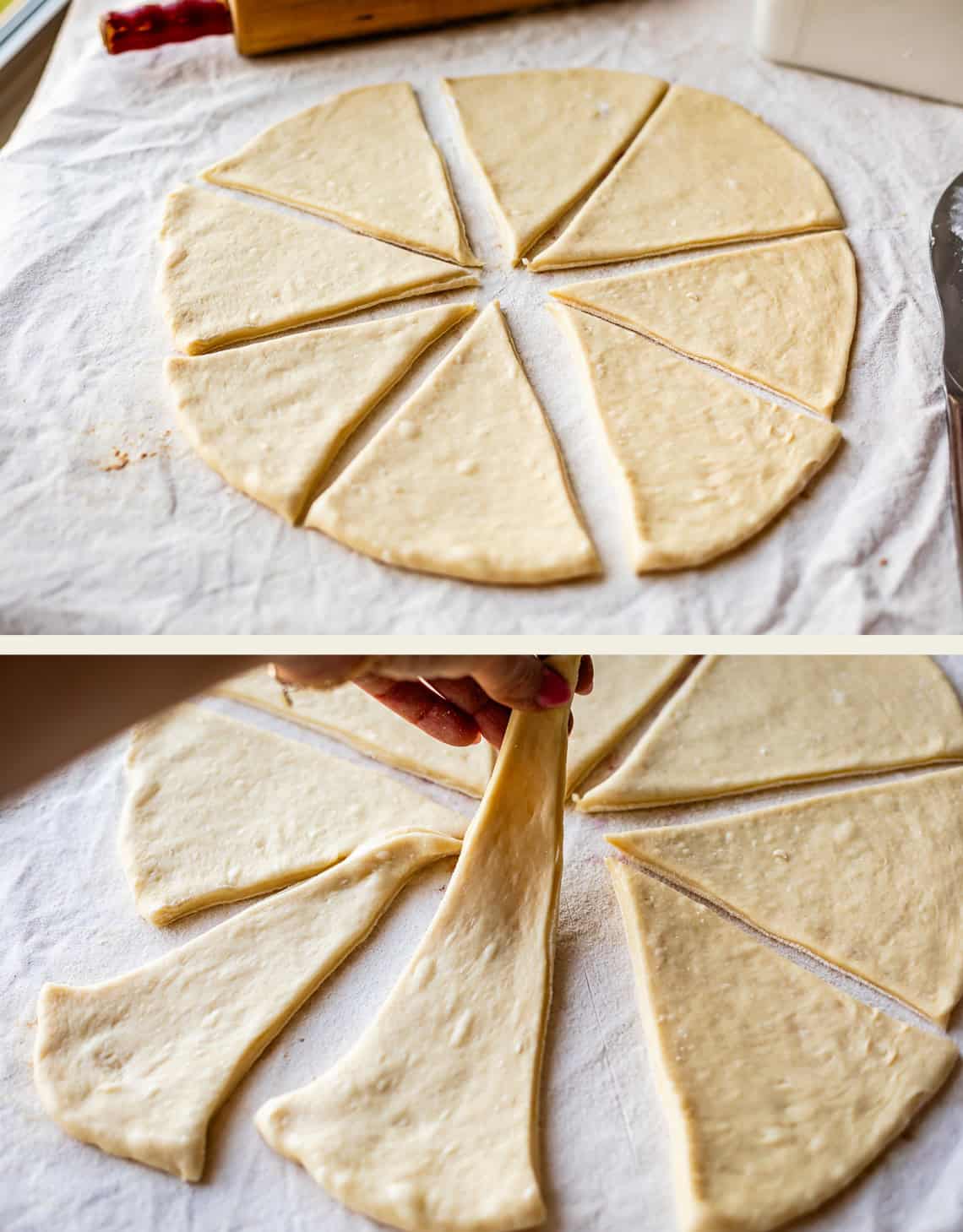 Two photos show a round sheet of dough cut into triangular wedges. In the top image, the whole circle is intact; in the bottom, a hand lifts one triangle, stretching the dough.