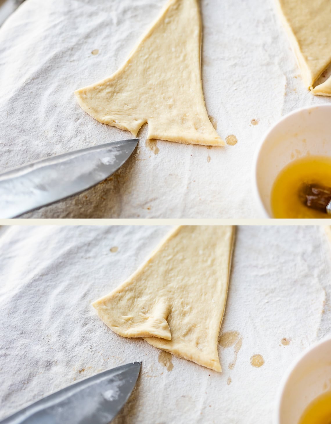 Two photos show a triangular piece of dough on a floured surface. In the first, a knife makes a small cut at the base. In the second, the dough’s cut edges are slightly folded over. A bowl with melted butter is nearby.