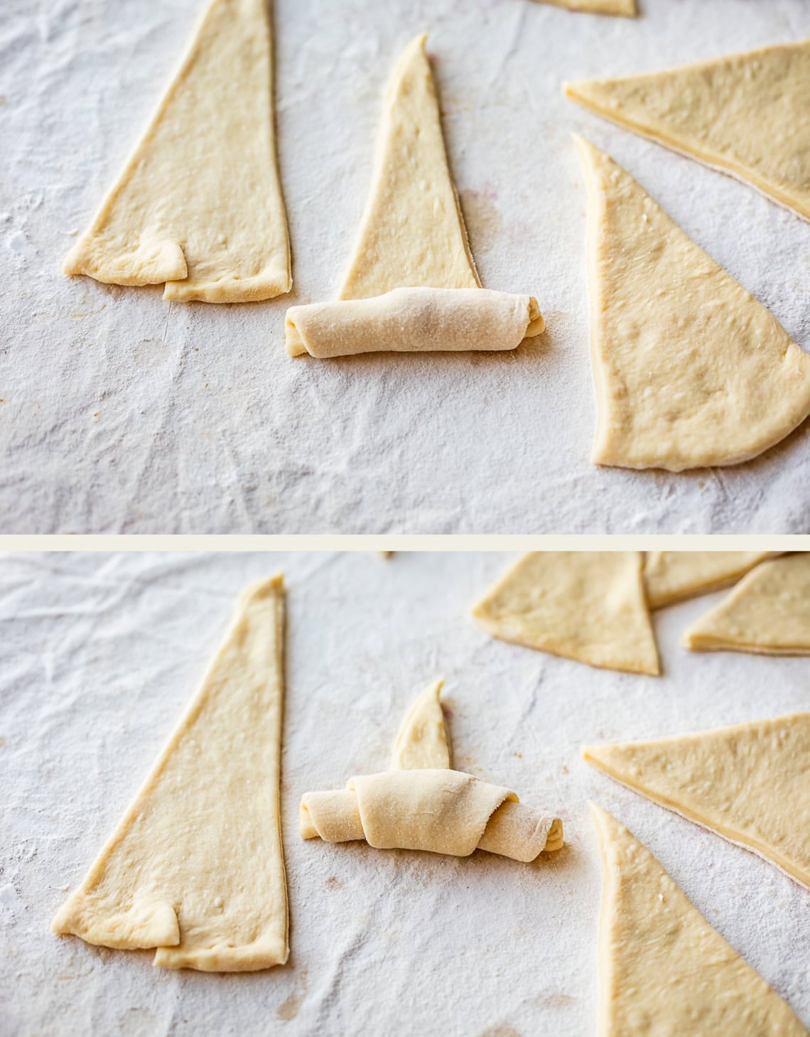 Two photos show unbaked crescent roll dough triangles on a floured surface; the top image shows one triangle being rolled up, while the bottom image shows it halfway rolled.