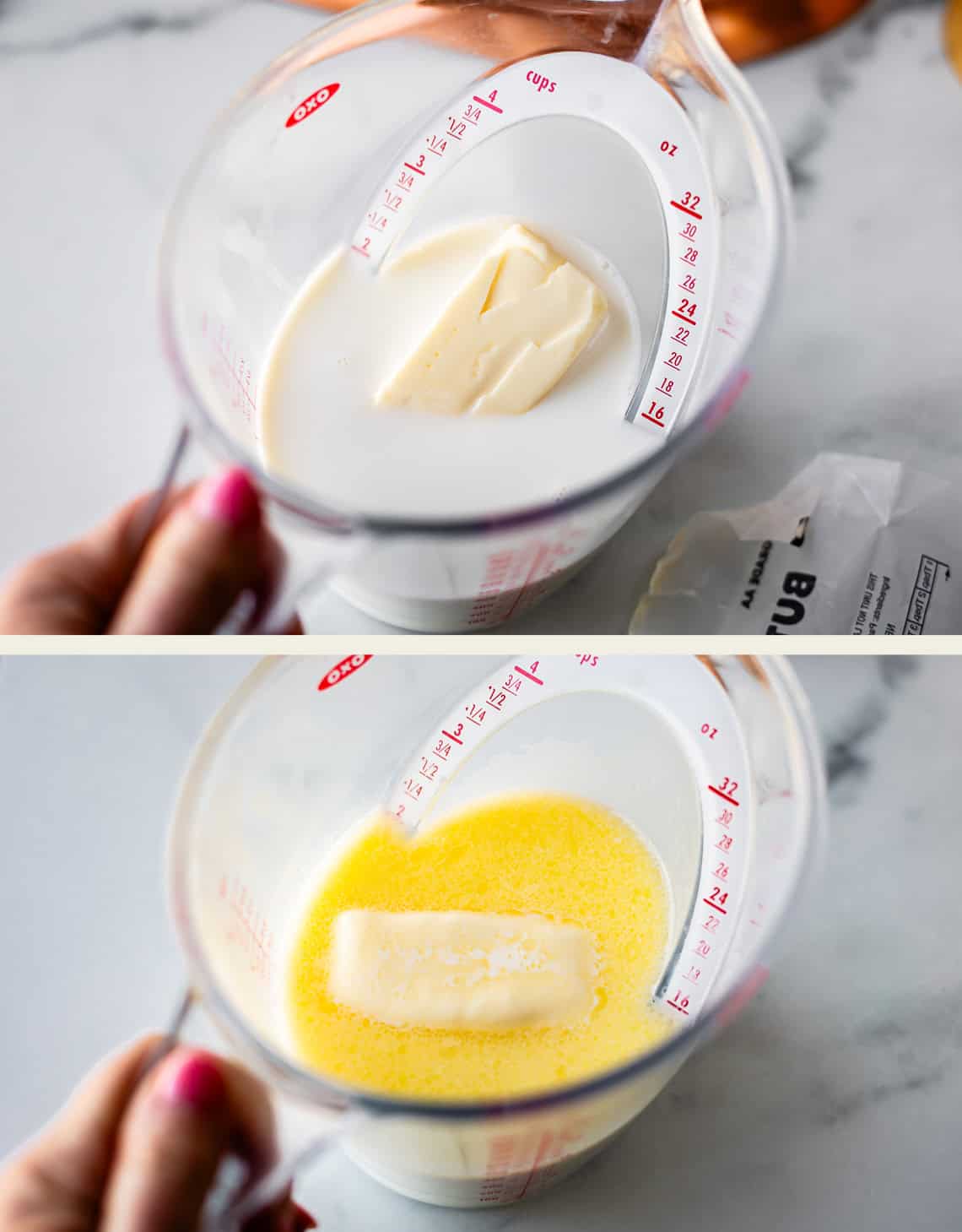 Two images: The top shows a glass measuring cup with milk and a stick of butter. The bottom shows the same cup after the butter has partially melted and mixed with the milk. A hand holds the cup in both images.