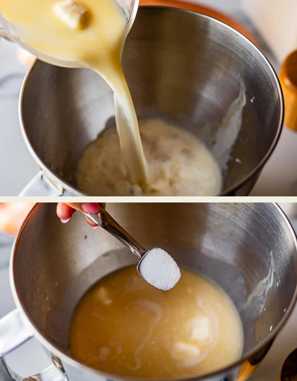 Two images: the top shows melted butter and milk being poured into a mixing bowl; the bottom shows a hand adding a spoonful of salt to the mixture in the same bowl.
