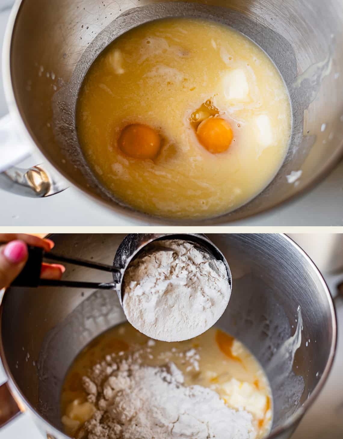 A metal mixing bowl with eggs, butter, and wet ingredients, and another image showing flour being added to the bowl, preparing crescent rolls.