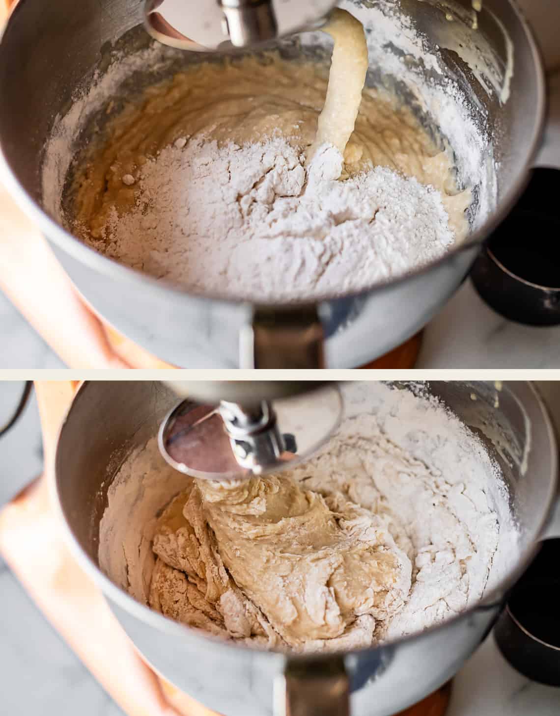 Two images show a stand mixer bowl with dough being mixed. The top image shows flour being mixed into wet dough, and the bottom image shows the dough becoming thicker as mixing continues.