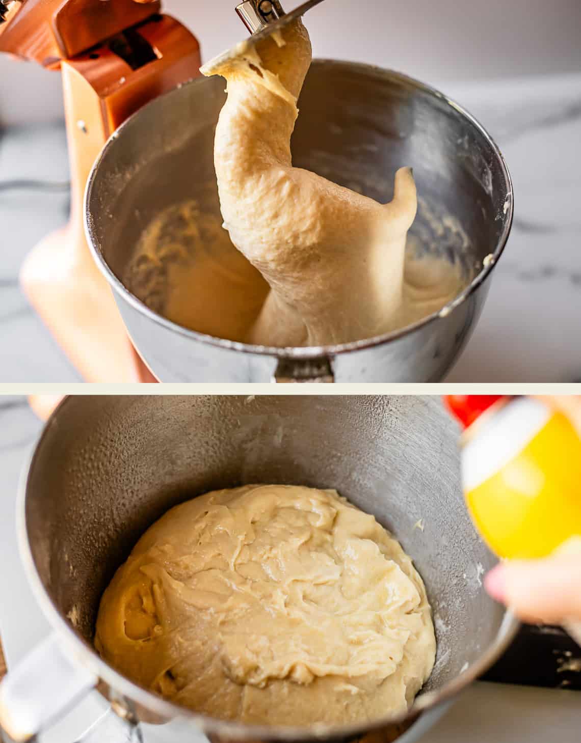 Top: Dough being mixed in a stand mixer with a dough hook. Bottom: Finished dough resting in the same metal mixing bowl, with a hand spraying nonstick spray onto the side.