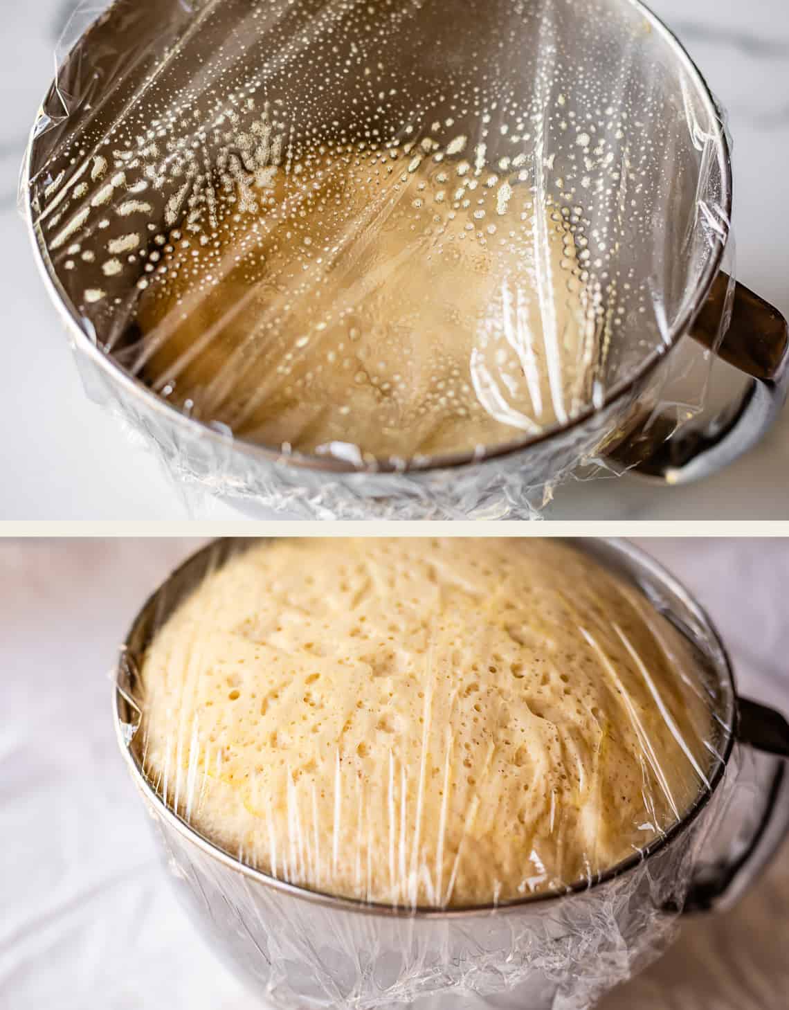 Two images of yeast dough rising in a metal bowl covered with plastic wrap. The top image shows the dough at the start, the bottom image shows the dough risen, filling more of the bowl and reaching the plastic wrap.