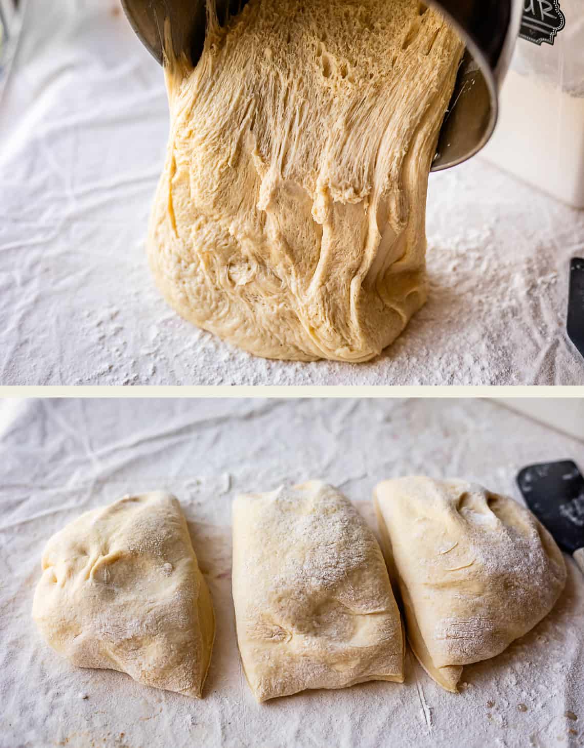 Two images: The top shows sticky bread dough being poured from a metal bowl onto a floured surface. The bottom shows three floured, folded dough pieces resting on the surface, ready for baking.