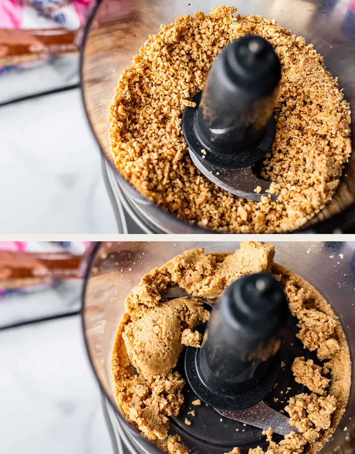 Two overhead photos of a food processor: the top shows finely ground, dry nuts; the bottom shows the mixture turning into a sticky dough, starting to clump together around the blades.