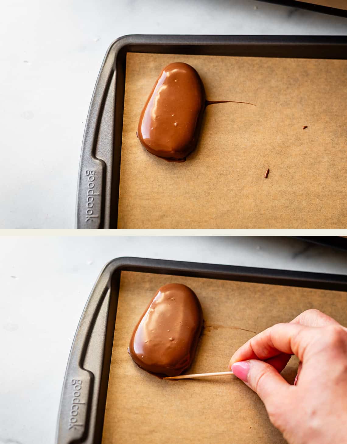 A chocolate-coated peanut butter egg sits on parchment-lined tray. A hand uses a toothpick to neaten the edge of the chocolate coating in the second image.