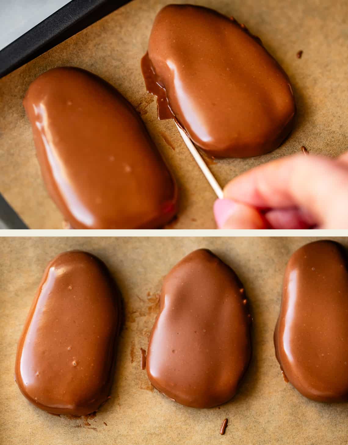 Close-up of chocolate-covered peanut butter eggs on parchment paper; in the top image, a hand uses a toothpick to smooth the chocolate coating.