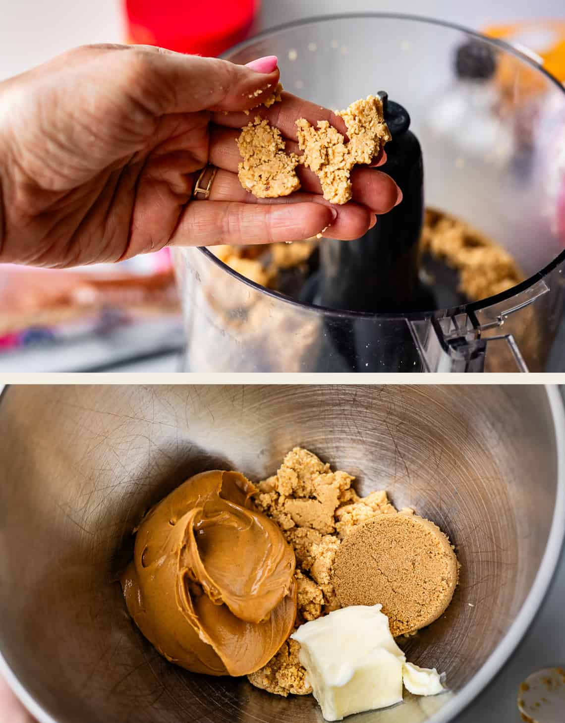 A hand holds crumbly dough over a food processor in the top image. The bottom image shows peanut butter, brown sugar, and butter in a mixing bowl, ready to be combined.