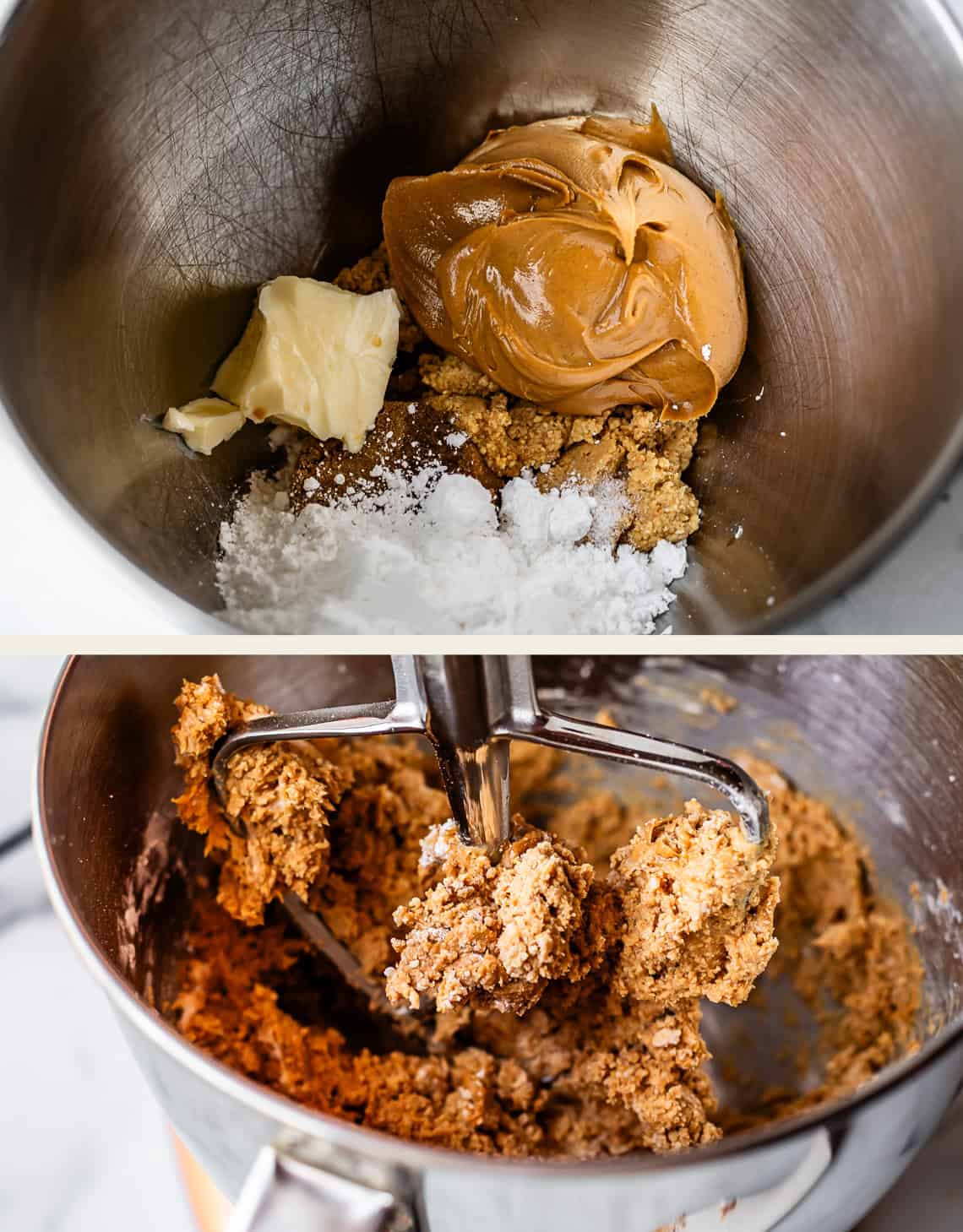 Top: Metal mixing bowl with peanut butter, butter, brown sugar, and powdered sugar. Bottom: Bowl with those ingredients mixed into a thick dough using a stand mixer paddle attachment.