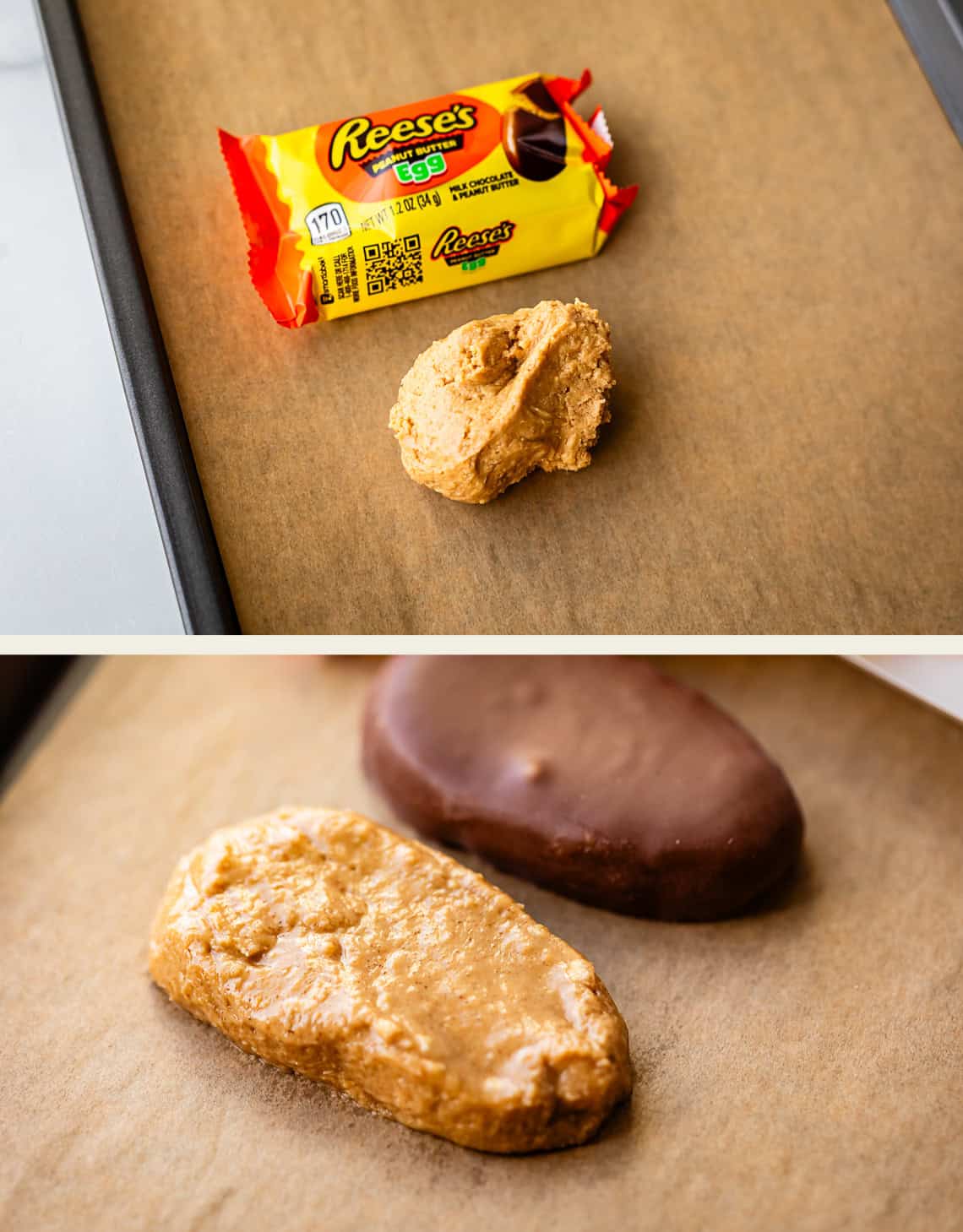 Top: An unwrapped Reese’s egg and a spoonful of peanut butter mixture on a baking sheet. Bottom: A peanut butter egg next to a fully coated chocolate peanut butter egg on parchment paper.