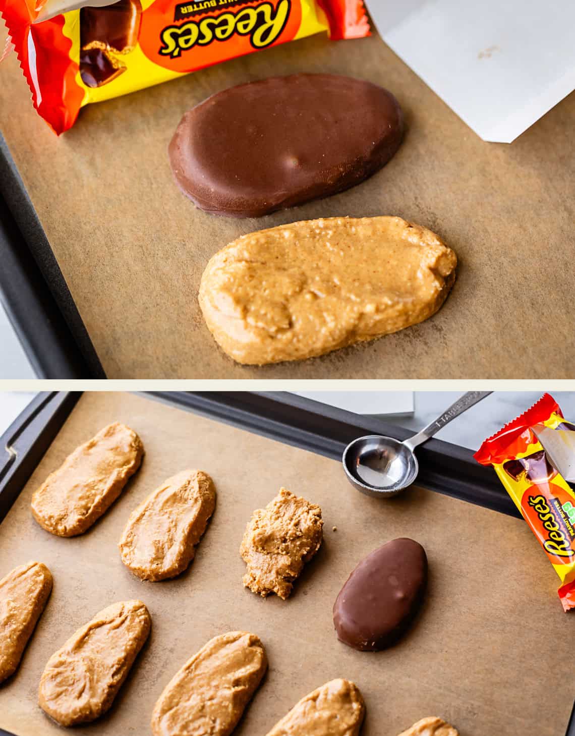 Two images show homemade peanut butter patties on parchment paper next to a packaged Reese’s peanut butter egg; one patty is chocolate-coated, others are uncoated; a spoon and candy wrappers are also visible.