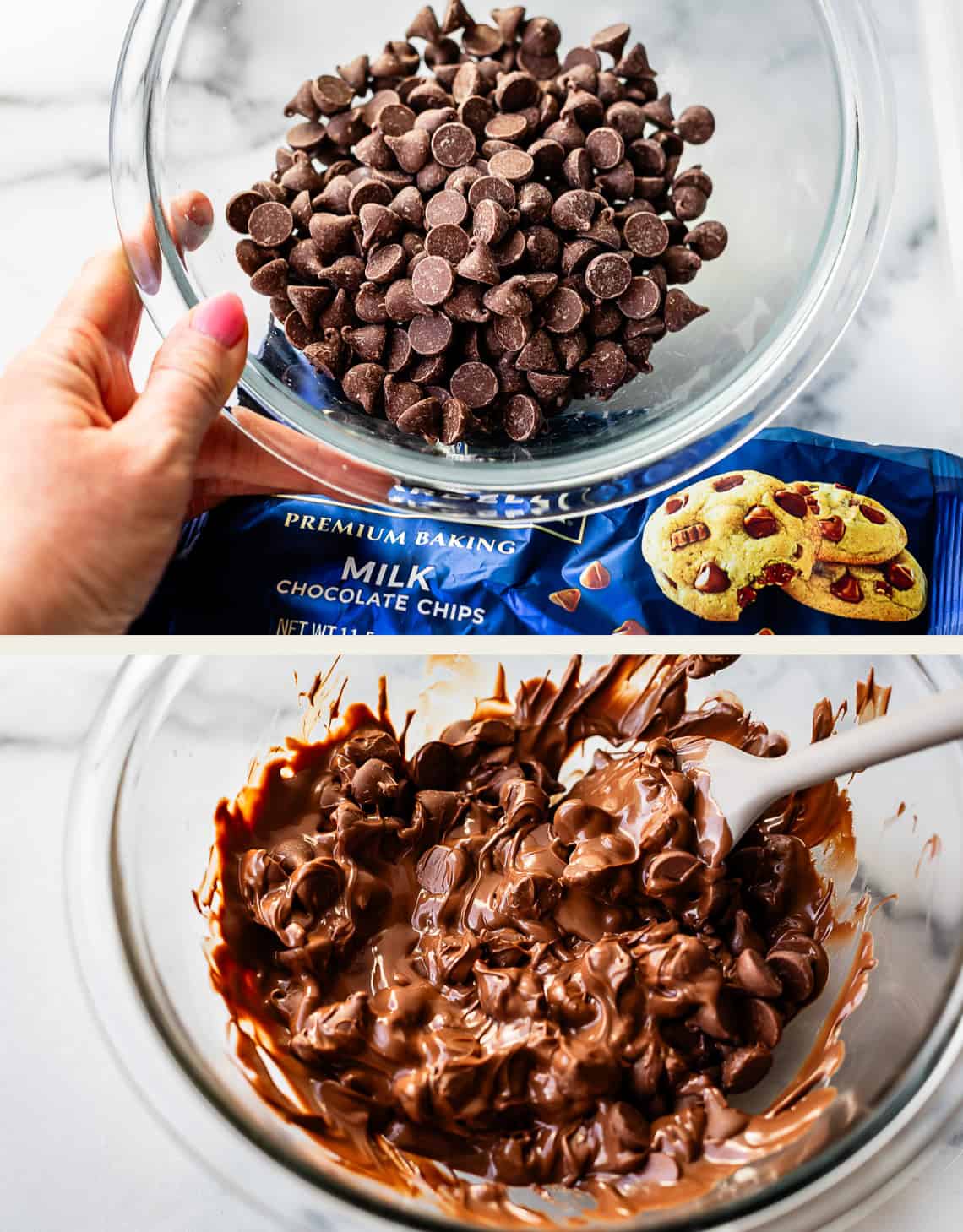Top: A hand holds a bowl of chocolate chips over a baking chips package. Bottom: The chocolate chips are melted and stirred with a spatula in the same bowl.