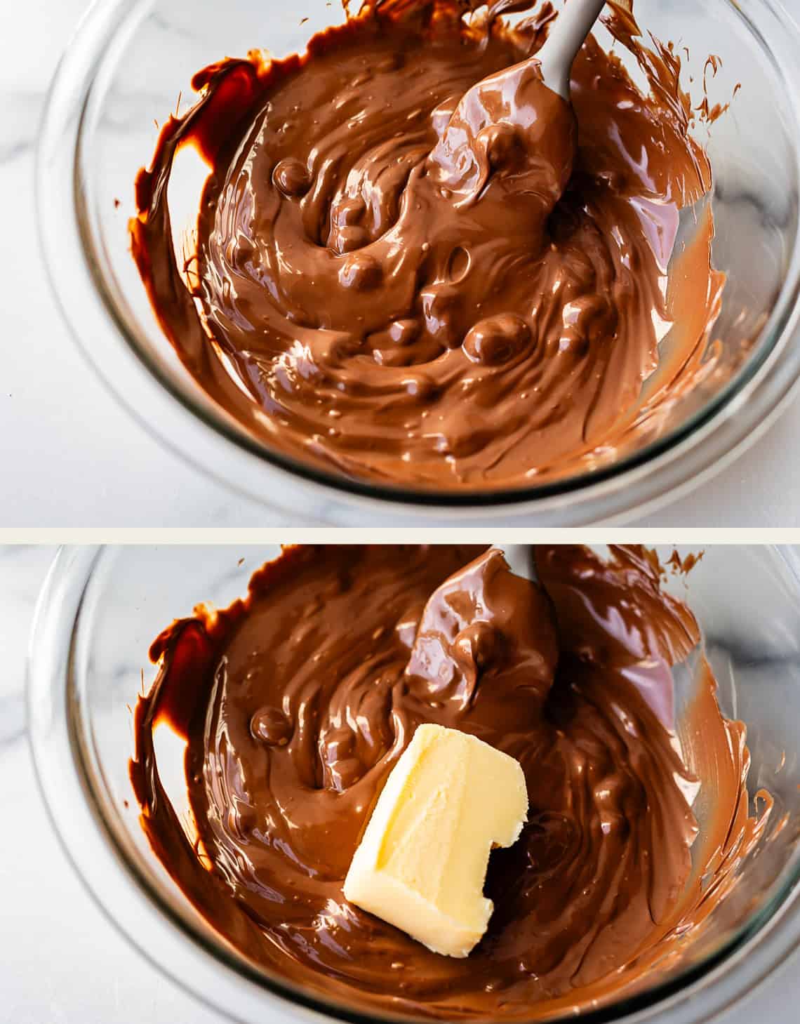 Two-panel image: The top panel shows a glass bowl of melted chocolate being stirred with a spatula. The bottom panel shows the same bowl of melted chocolate with a chunk of butter added, about to be mixed in.
