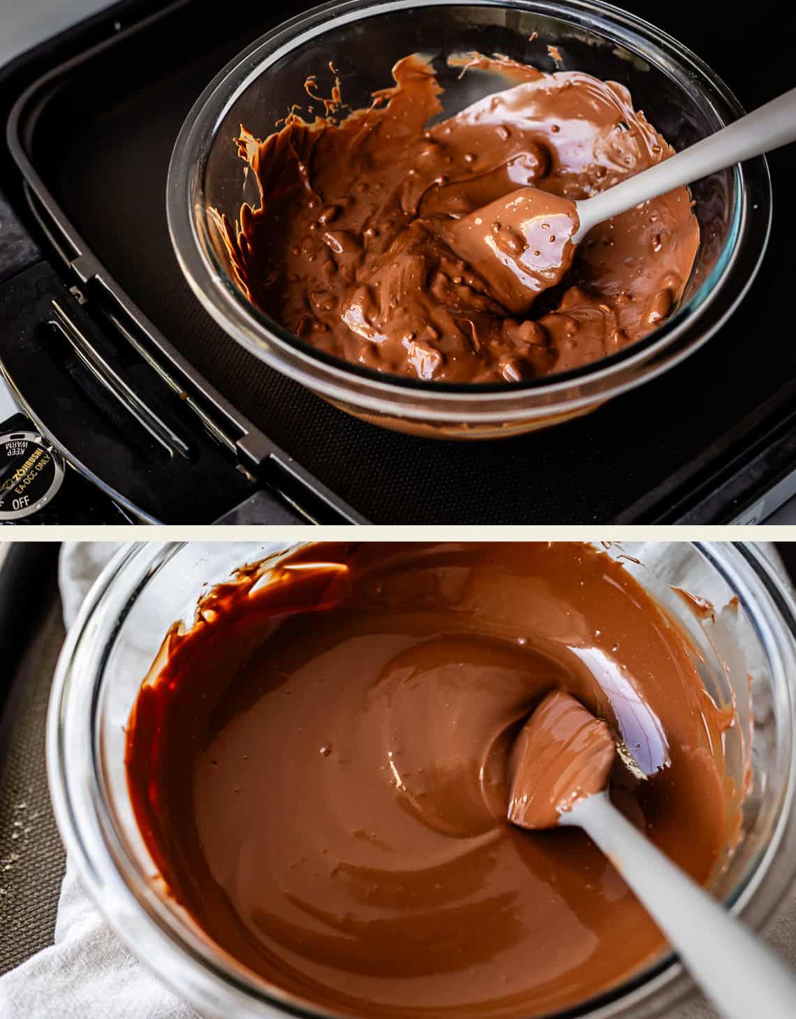 Two photos: the top shows chocolate chunks partially melted in a glass bowl with a spatula; the bottom shows smooth, fully melted chocolate in a glass bowl with a spatula.