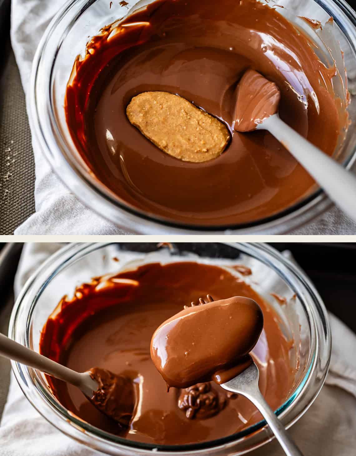A bowl of melted chocolate with a peanut butter filling being dipped in it. In the second image, the filling is coated in chocolate and lifted out with a fork, ready to set.