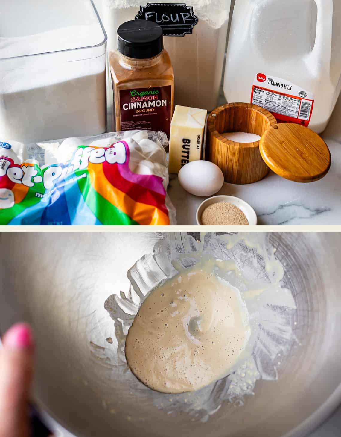 Top: Baking ingredients including flour, cinnamon, milk, marshmallows, butter, brown sugar, and an egg on a marble surface. Bottom: Yeast and water being mixed in a metal bowl, partially blended.