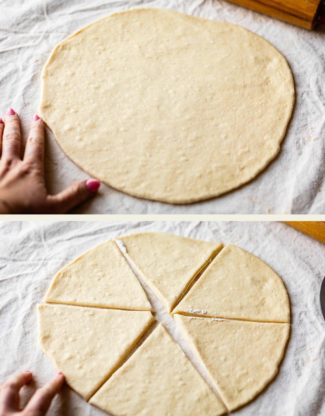 A hand with pink nail polish presses a round sheet of dough on a cloth. In the next image, the dough is cut into six triangular pieces. A rolling pin is visible in the upper corner.
