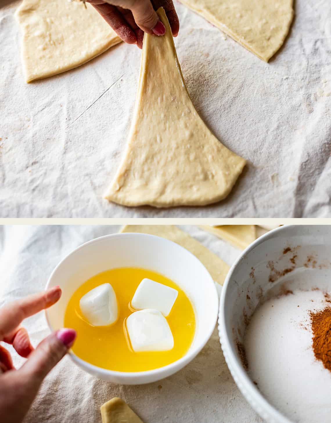 Top: A hand stretches a triangular piece of dough on a floured surface. Bottom: A hand holds a bowl with melted butter and two marshmallows, next to bowls of sugar and cinnamon.