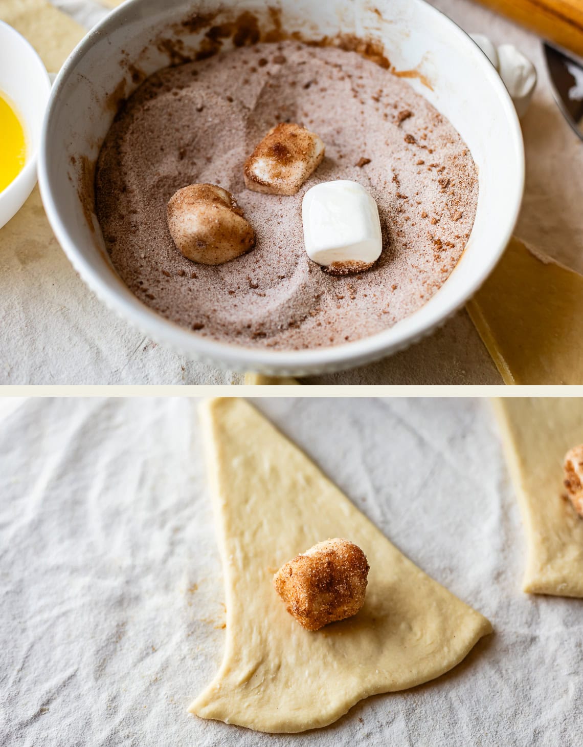 Top: Three marshmallows rolled in cinnamon sugar inside a white bowl. Bottom: A cinnamon sugar-coated marshmallow placed on a triangle of raw dough, ready to be wrapped or baked.