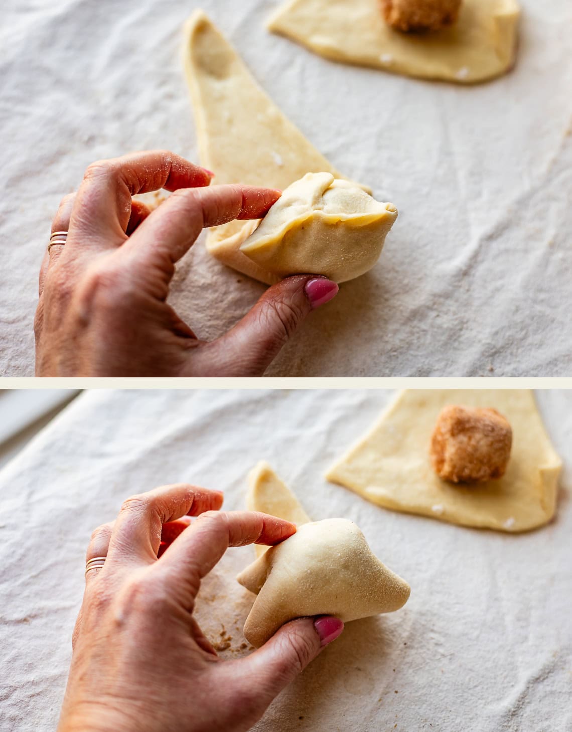 A hand folds dough around a ball of filling on a floured surface, shaping it into a pastry. The images show the process of sealing the edges to fully enclose the filling.