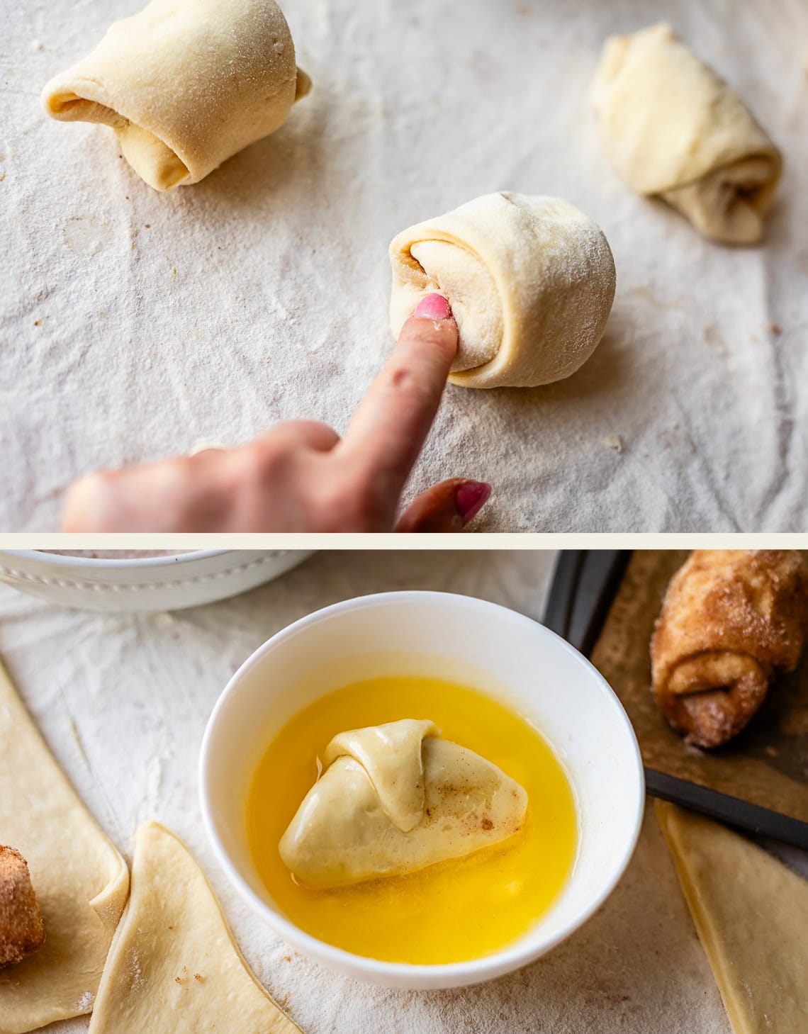 A hand rolls dough into crescent shapes on a floured surface. Below, a crescent roll is dipped into a bowl of melted butter, with more dough, butter, and baked rolls nearby.