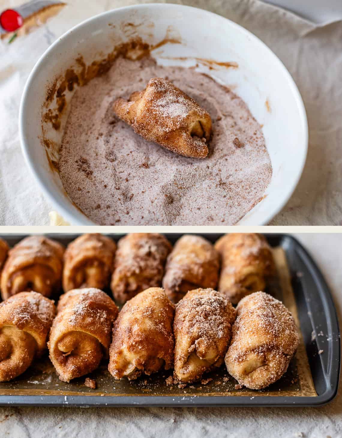 A bowl with a pastry roll being coated in cinnamon sugar, and a baking tray filled with several unbaked golden-brown, cinnamon-sugar coated pastries arranged in rows.