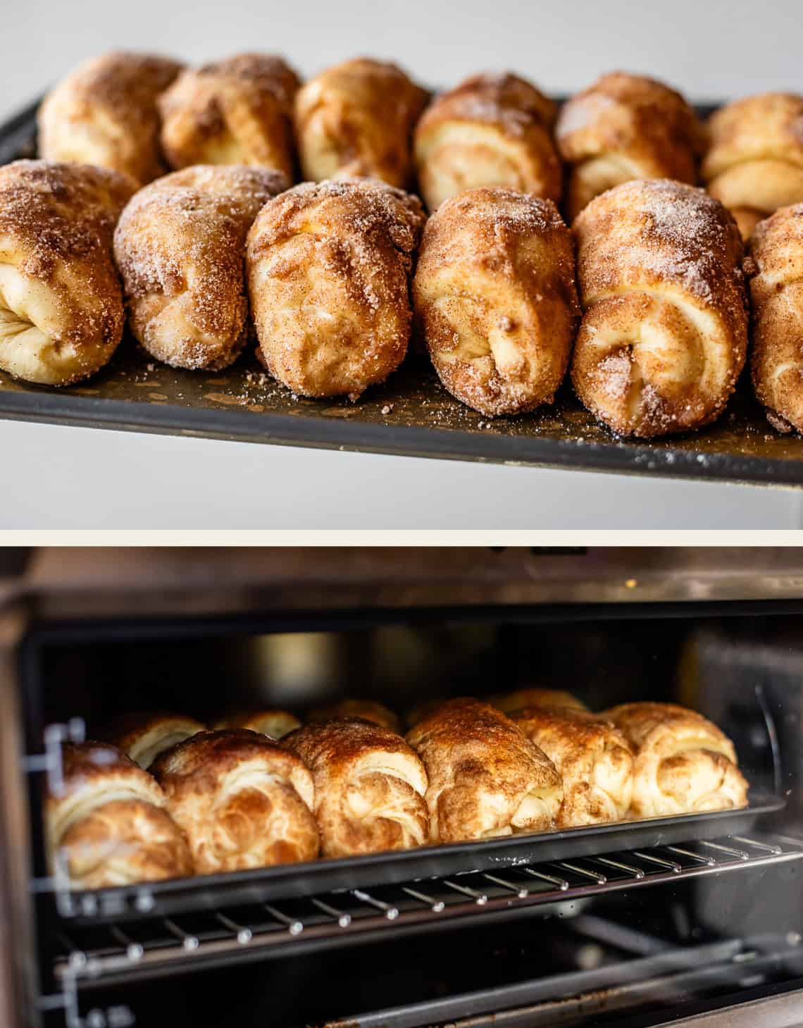 A tray of cinnamon sugar-coated rolls is shown up close pre-bake, then placed inside an oven to bake. The pastries are golden brown and arranged side by side, ready for baking.