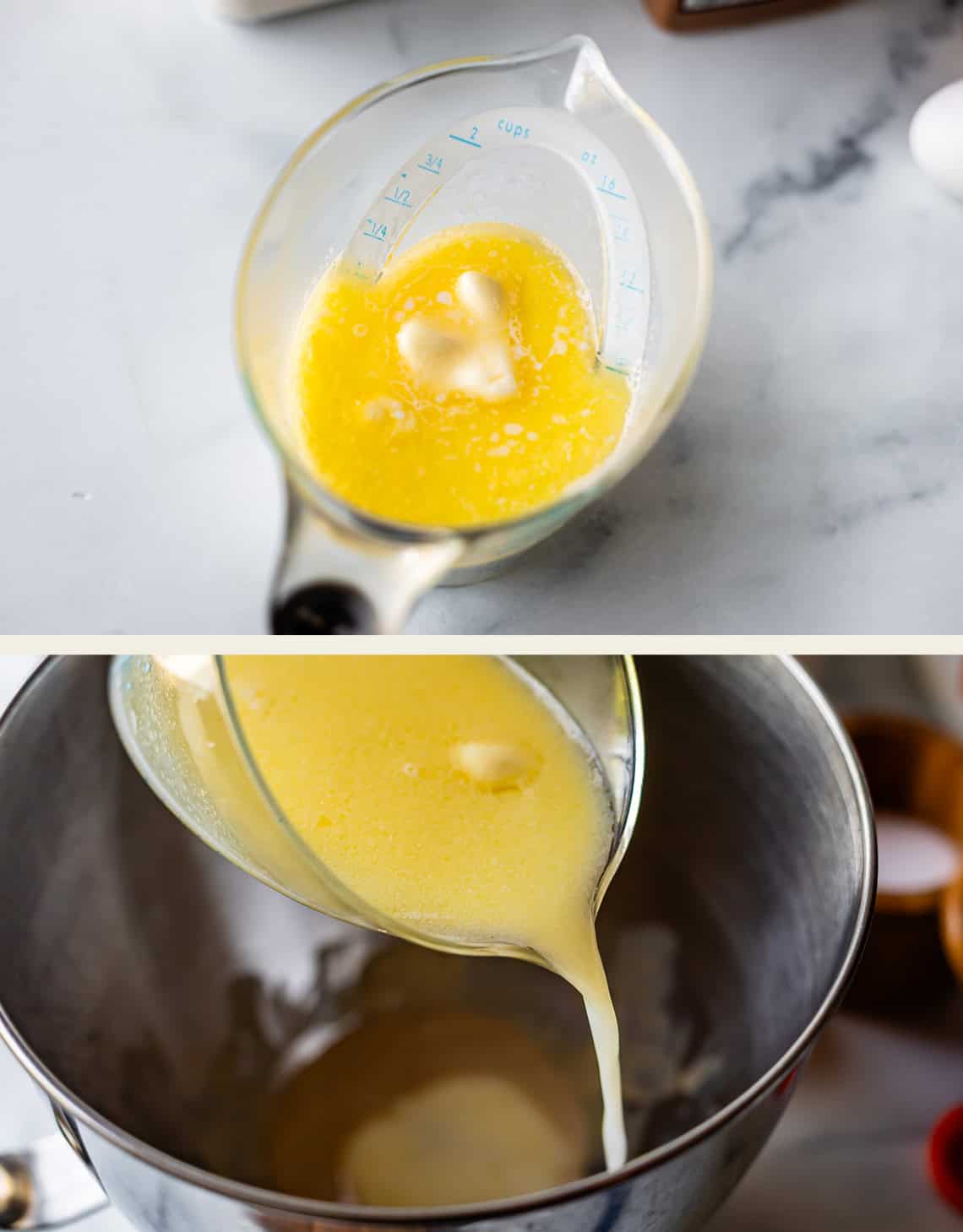 Top: A glass measuring cup with melted butter. Bottom: The melted butter being poured from the measuring cup into a metal mixing bowl.